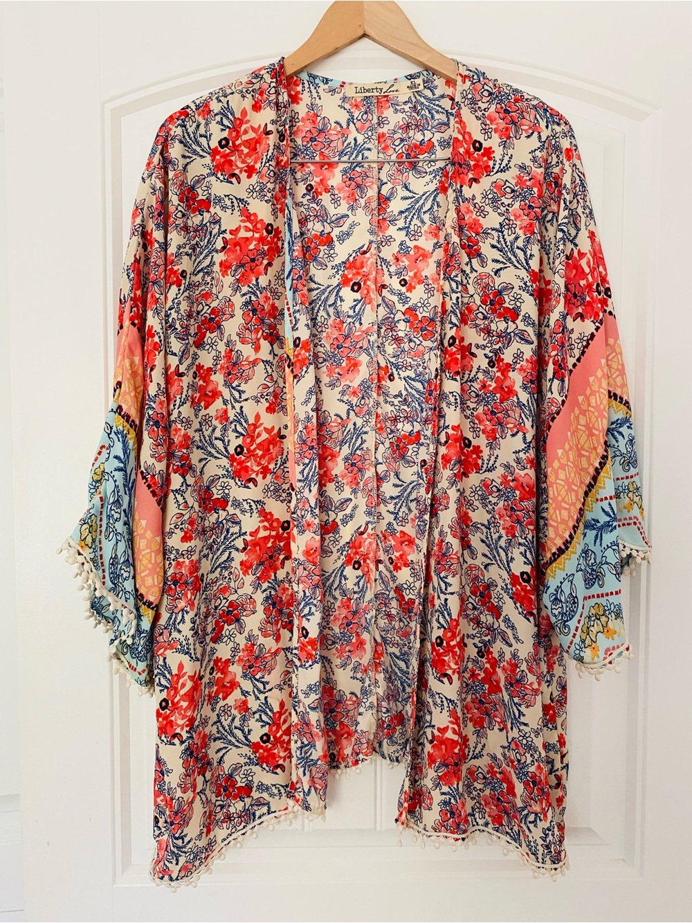 Liberty Love Floral Kimono Jacket in Cream with Coral & Navy size XL